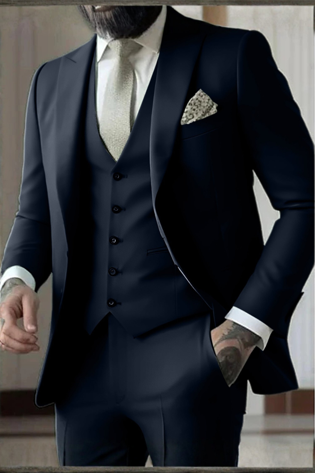 Slim Fit Three-Piece Suit with Peak Lapel for Men