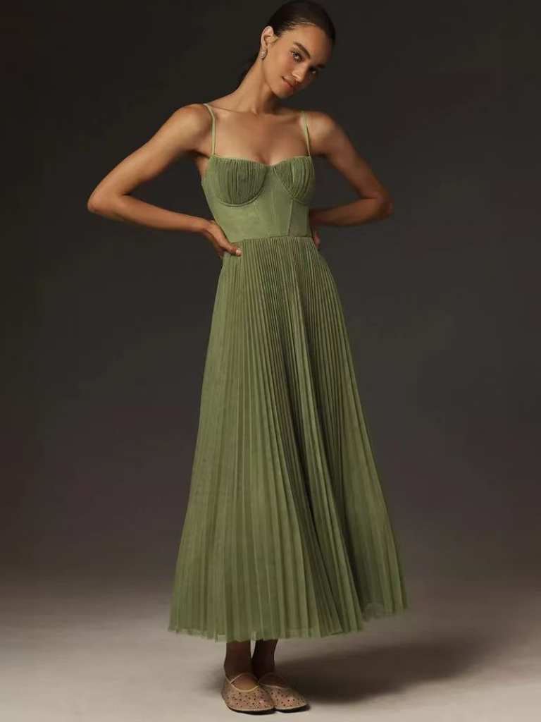 Pleated Maxi Wedding Guest Dress for Women