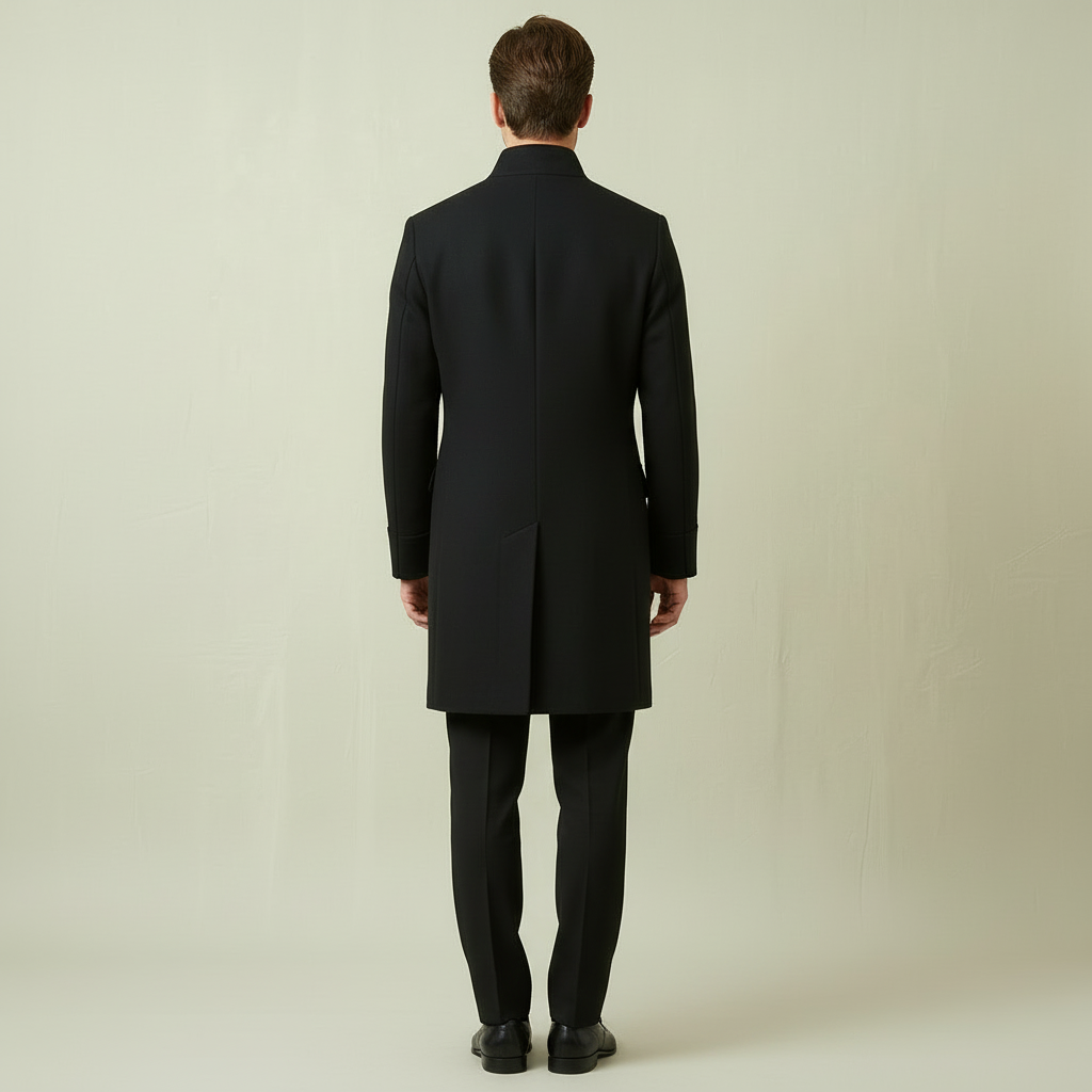 Dapperline | Sleek Black Men’s Long Coat with Gold Button Details