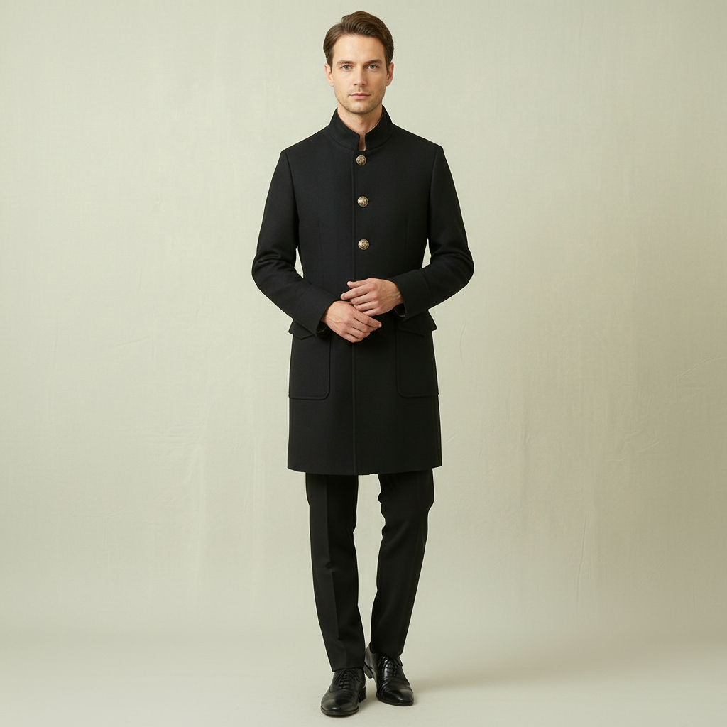 Dapperline | Sleek Black Men’s Long Coat with Gold Button Details
