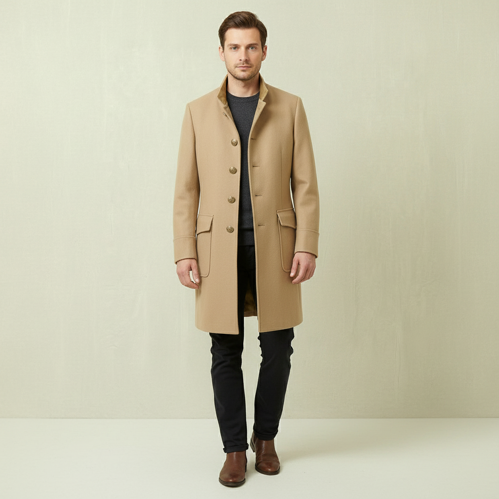 Dapperline | Sleek Black Men’s Long Coat with Gold Button Details