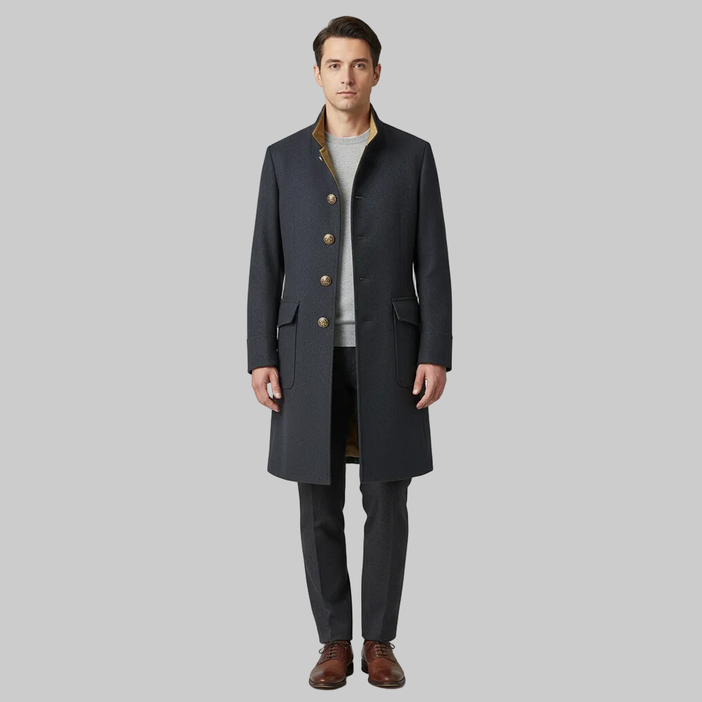 Dapperline | Sleek Black Men’s Long Coat with Gold Button Details