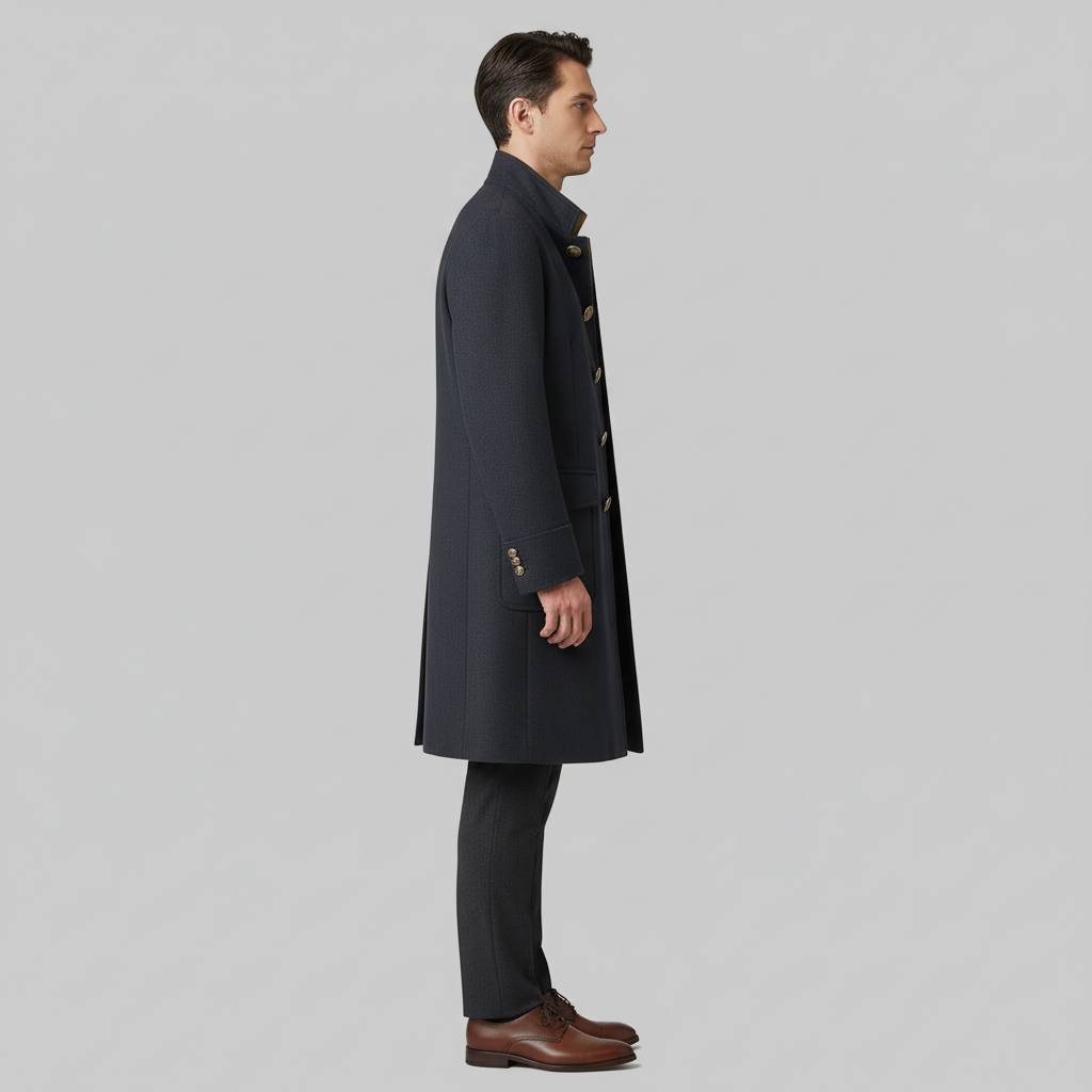 Dapperline | Sleek Black Men’s Long Coat with Gold Button Details