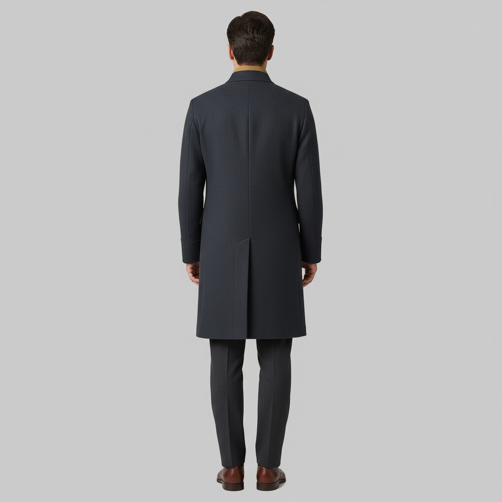 Dapperline | Sleek Black Men’s Long Coat with Gold Button Details