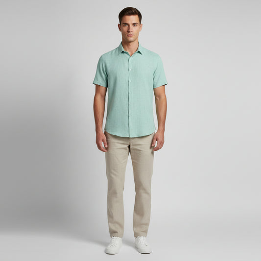 Men's Linen-Blend Short Sleeve Shirt with Tonal Button Details for Casual Style 0