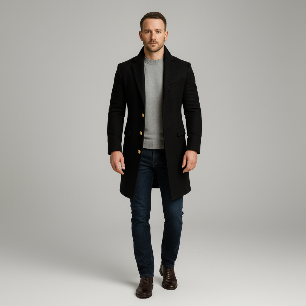 Men’s Long Coat – Black, Single-Breasted, Gold-Button Detail 0