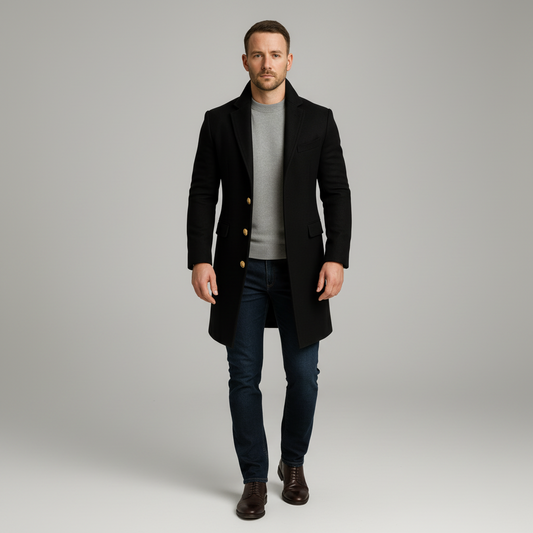 Men’s Long Coat – Black, Single-Breasted, Gold-Button Detail 0