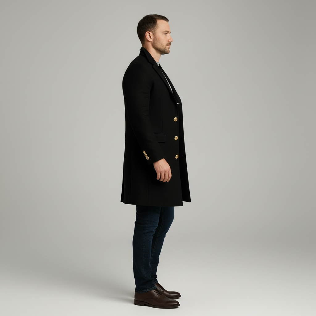 Dapperline | Sleek Black Men’s Long Coat with Gold Button Details