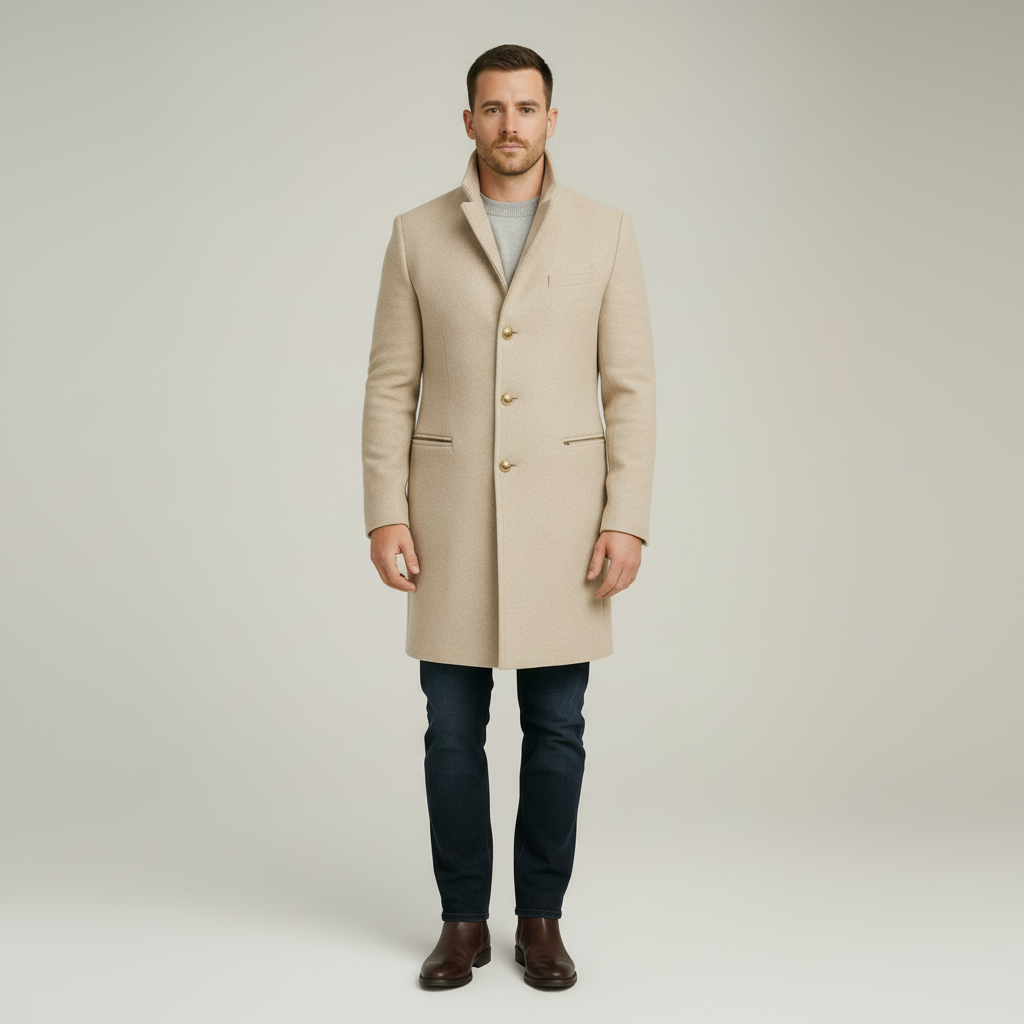 Men’s Long Coat – Black, Single-Breasted, Gold-Button Detail 1