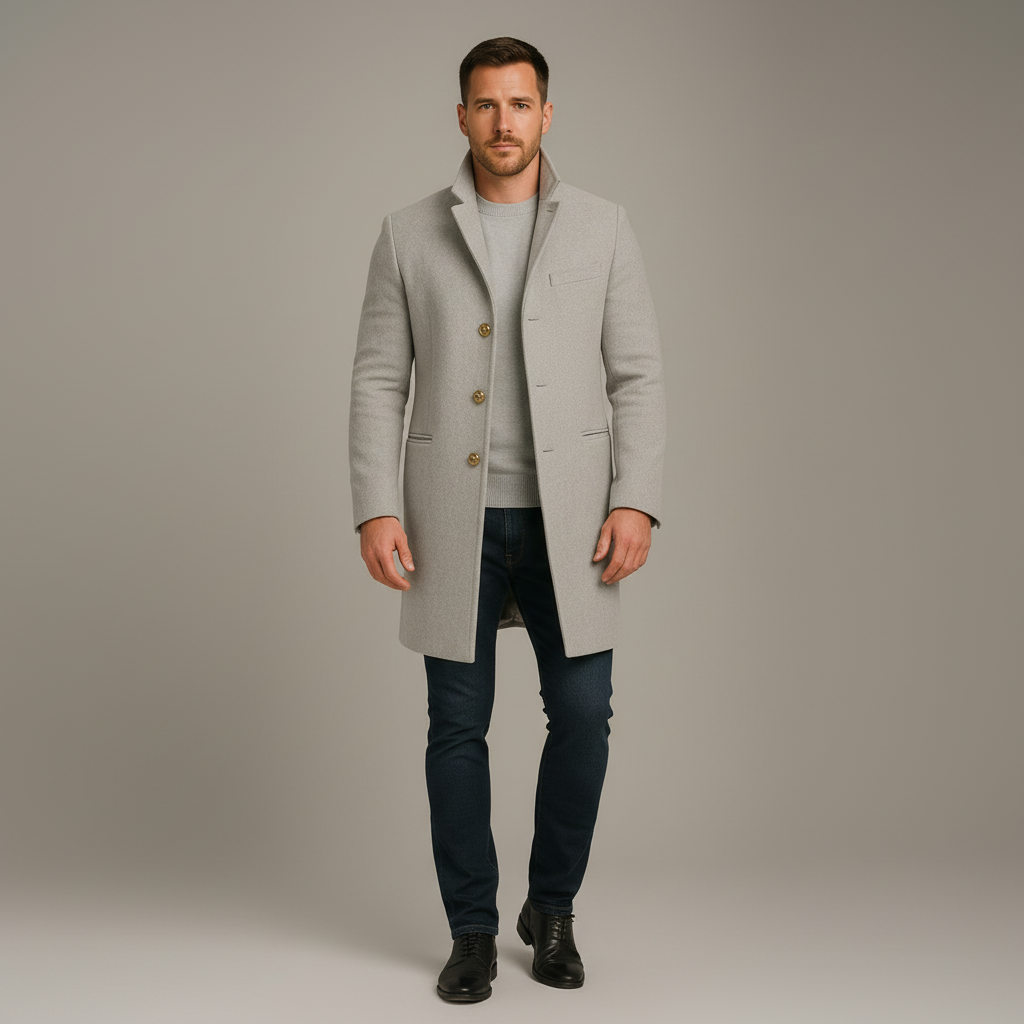 Men’s Long Coat – Black, Single-Breasted, Gold-Button Detail 2