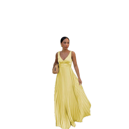 Wedding Guest Pleated Maxi Dress with V-Neck for Women