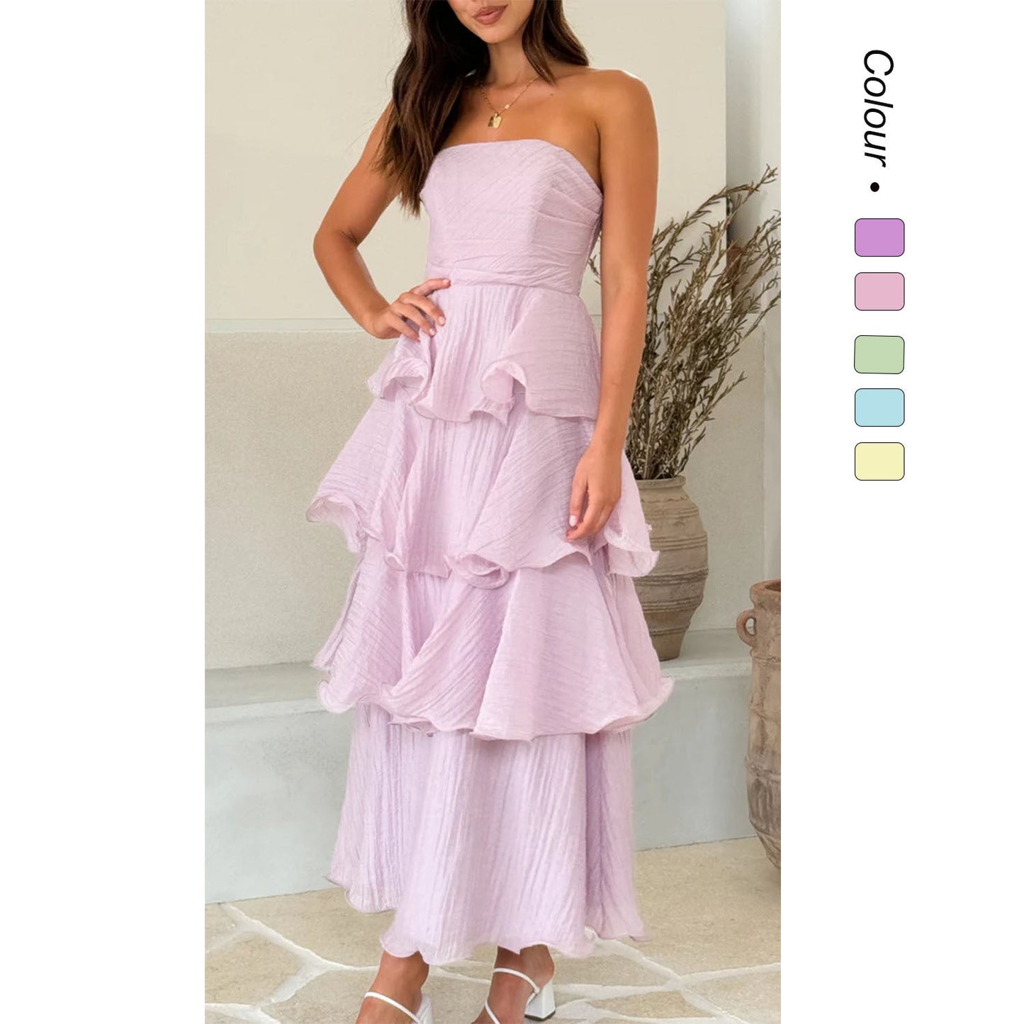 Wedding Guest Strapless Tiered Maxi Dress with Ruffles for Women