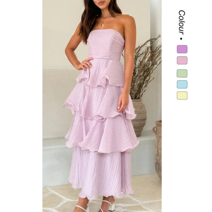 Wedding Guest Strapless Tiered Maxi Dress with Ruffles for Women