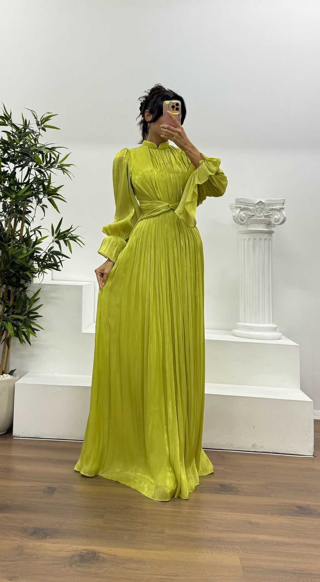 Wedding Guest Pleated Maxi Dress with Long Sleeves for Women