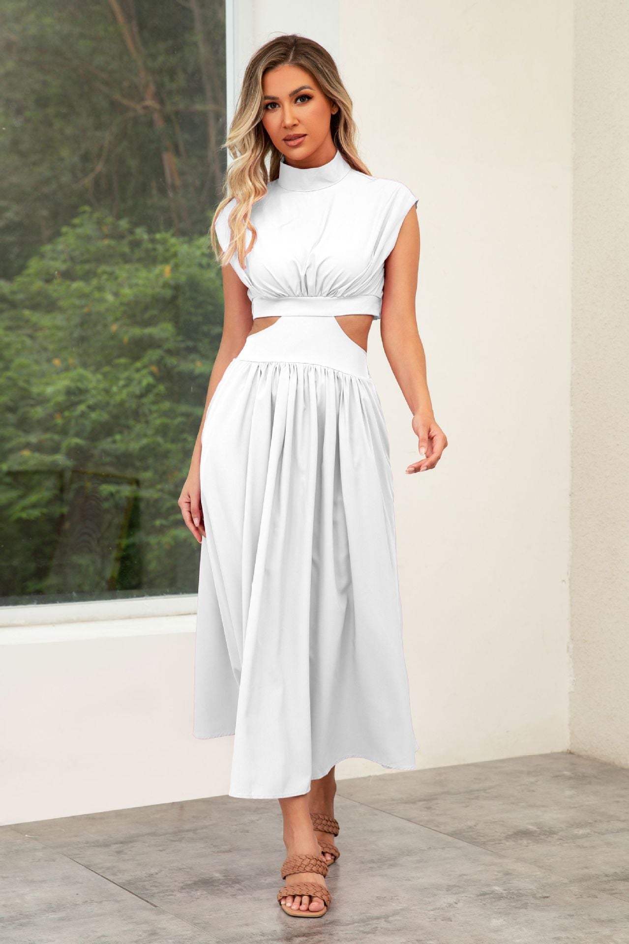 Wedding Guest Cut-Out Maxi Dress with Stand Collar for Women
