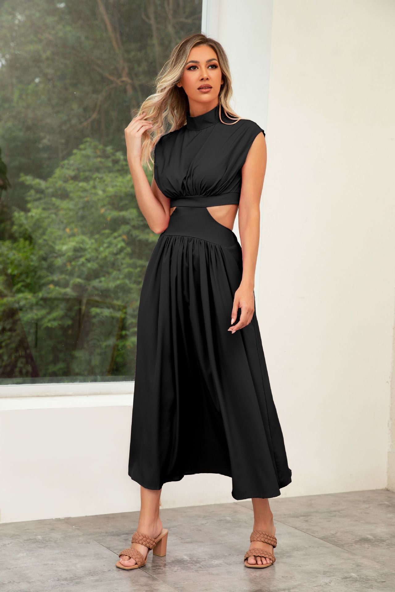 Wedding Guest Cut-Out Maxi Dress with Stand Collar for Women