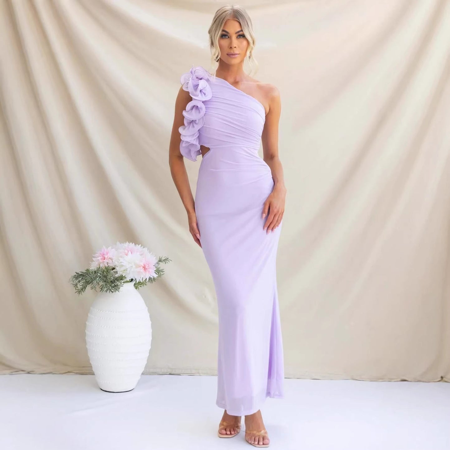 Wedding Guest One-Shoulder Maxi Dress with Ruffles for Women