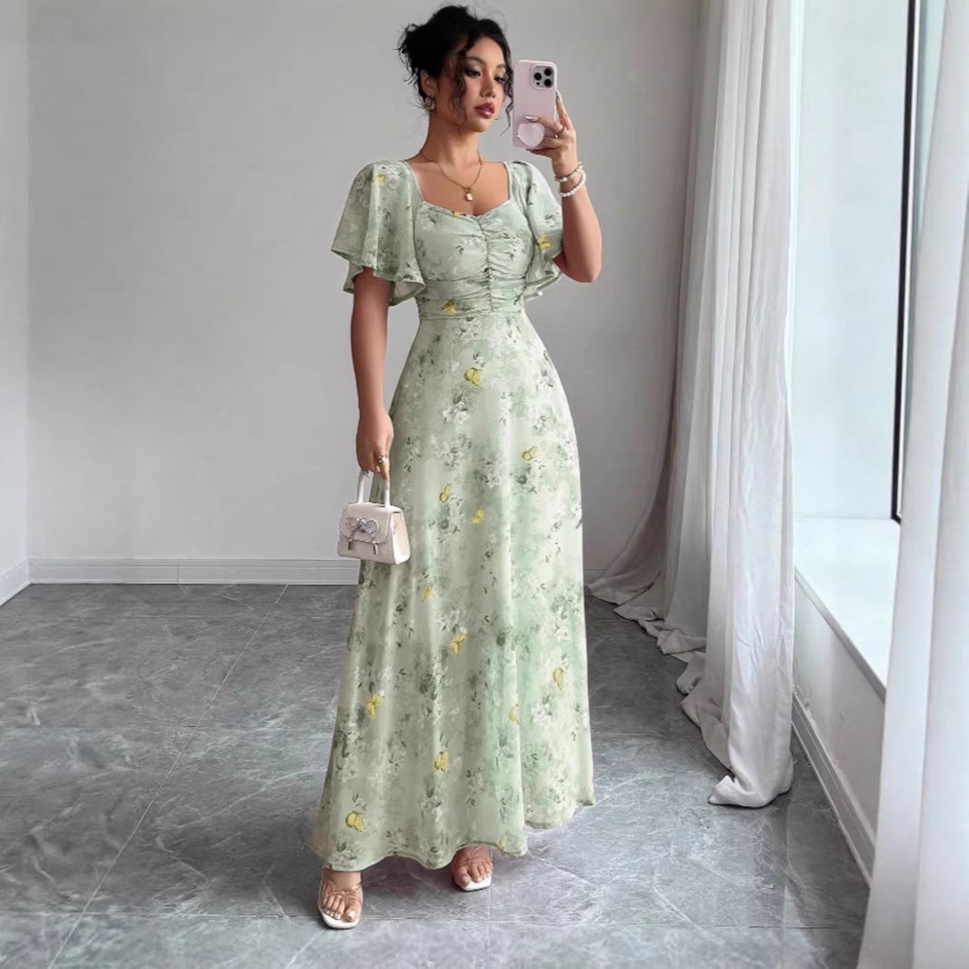 Floral Wedding Guest Maxi Dress with Short Sleeves for Women
