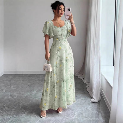 Floral Wedding Guest Maxi Dress with Short Sleeves for Women
