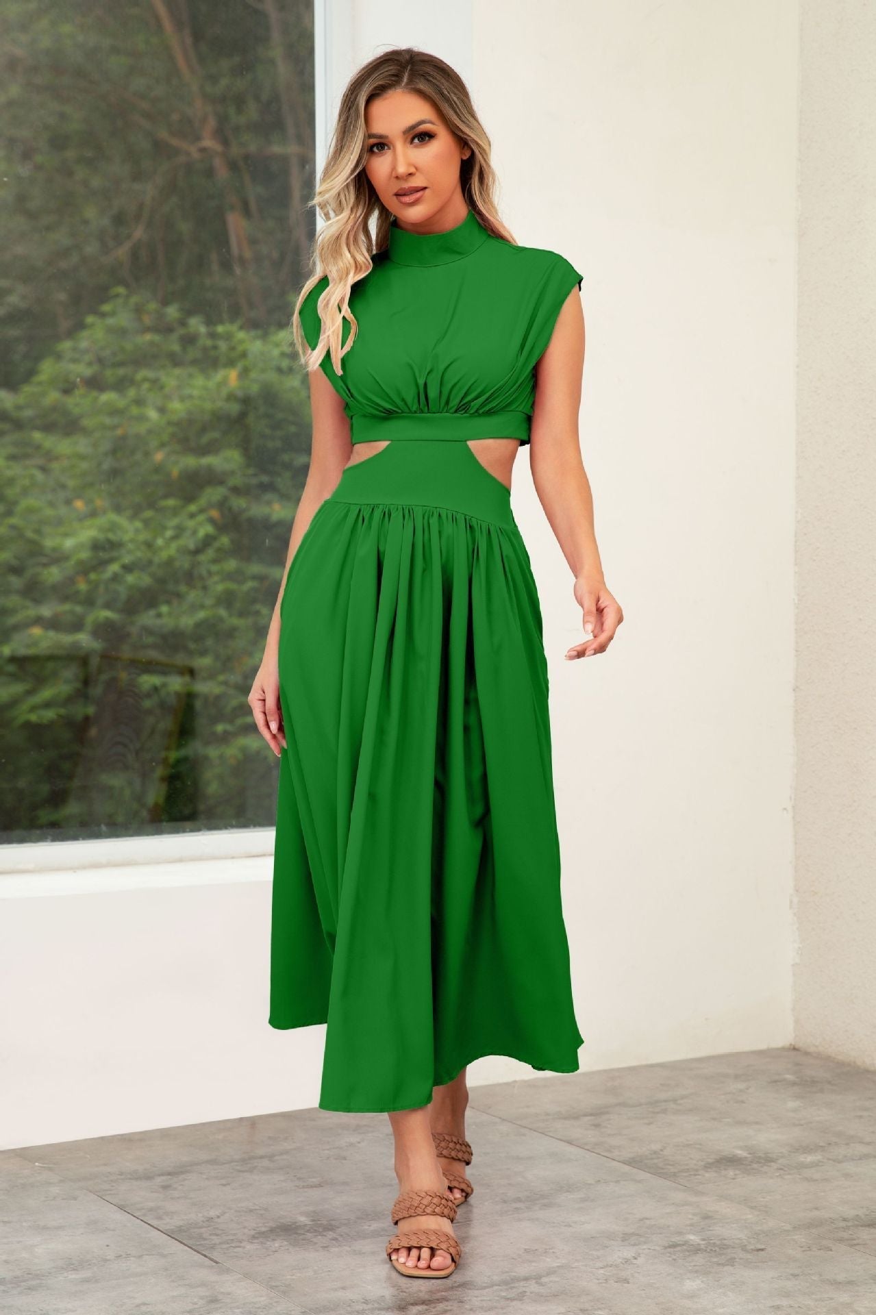 Wedding Guest Cut-Out Maxi Dress with Stand Collar for Women