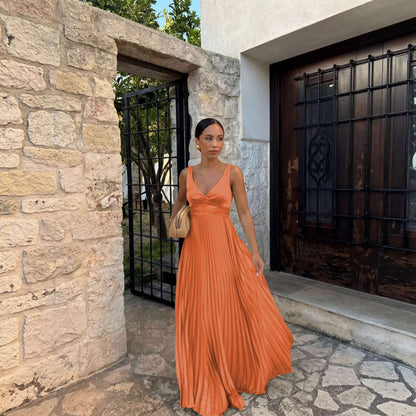Wedding Guest Pleated Maxi Dress with V-Neck for Women