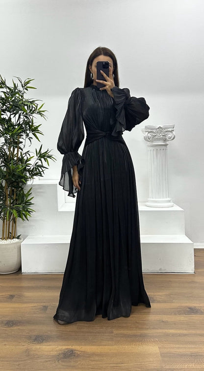 Wedding Guest Pleated Maxi Dress with Long Sleeves for Women
