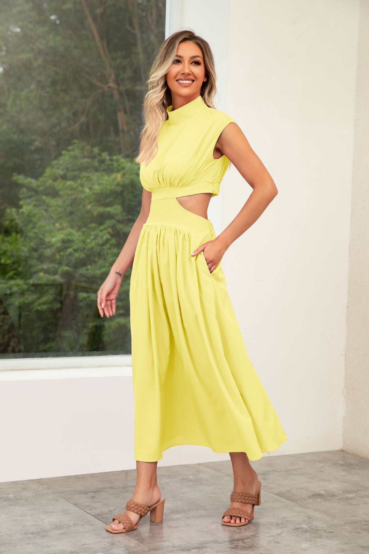 Wedding Guest Cut-Out Maxi Dress with Stand Collar for Women