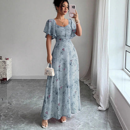 Floral Wedding Guest Maxi Dress with Short Sleeves for Women