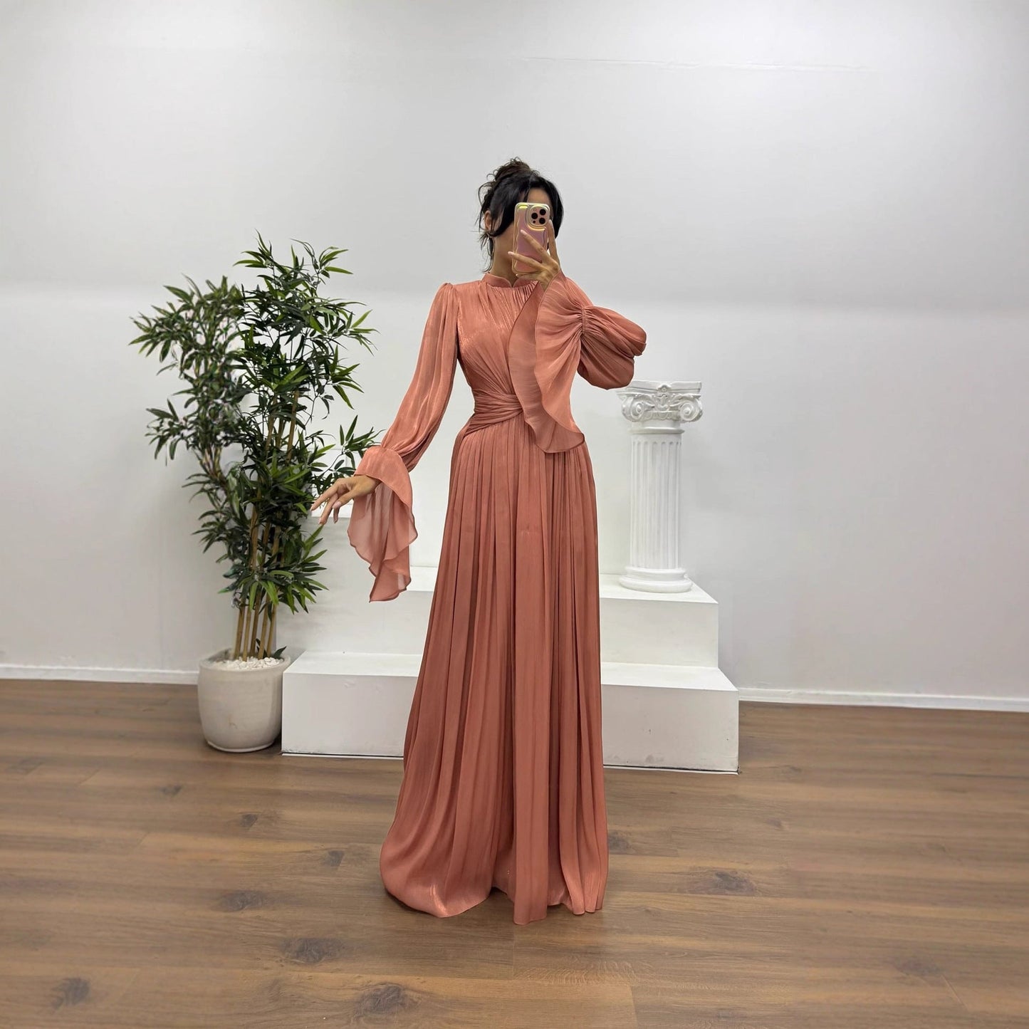 Wedding Guest Pleated Maxi Dress with Long Sleeves for Women
