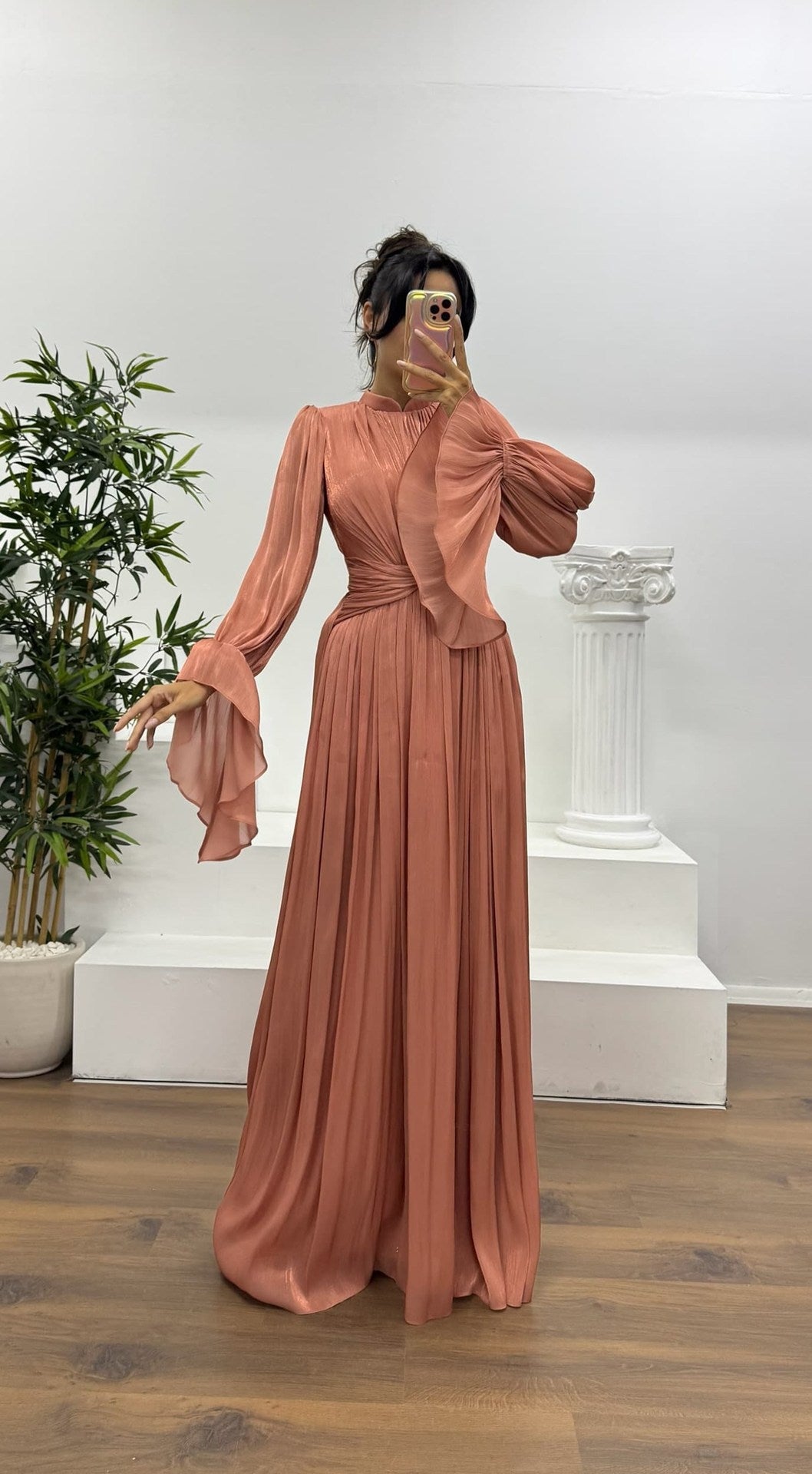 Wedding Guest Pleated Maxi Dress with Long Sleeves for Women