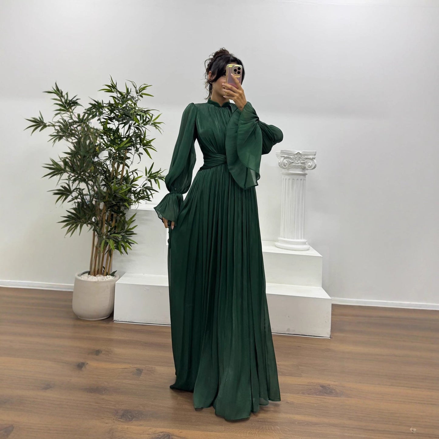 Wedding Guest Pleated Maxi Dress with Long Sleeves for Women
