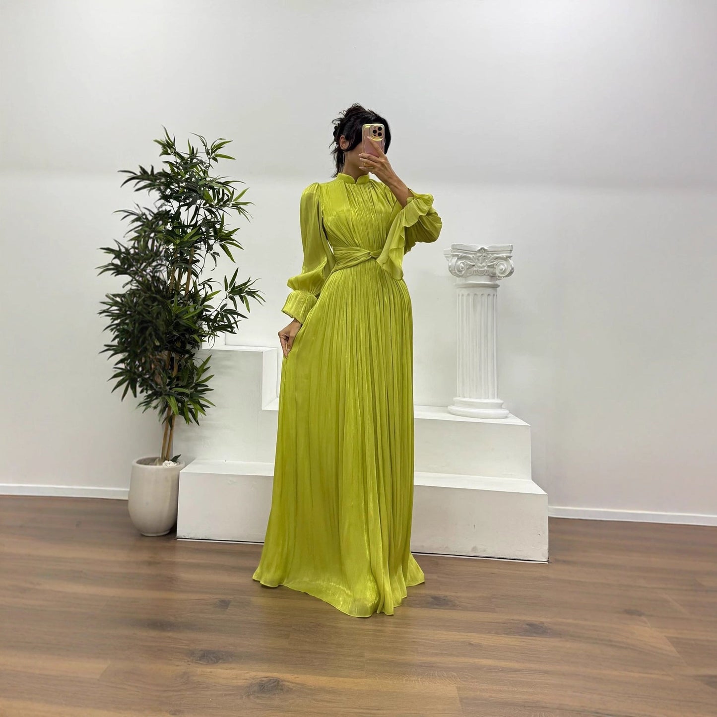 Wedding Guest Pleated Maxi Dress with Long Sleeves for Women