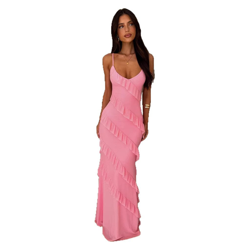 Wedding Guest Maxi Dress with V-Neck and Ruffle Detail for Women