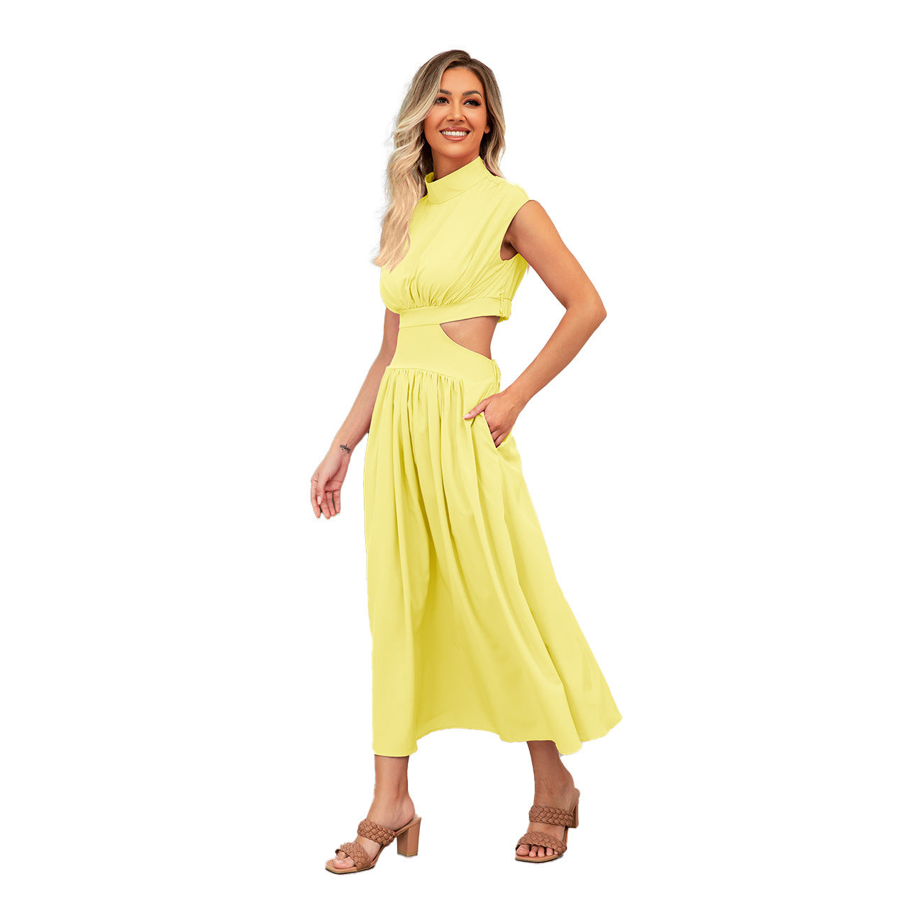 Wedding Guest Cut-Out Maxi Dress with Stand Collar for Women