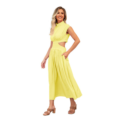 Wedding Guest Cut-Out Maxi Dress with Stand Collar for Women