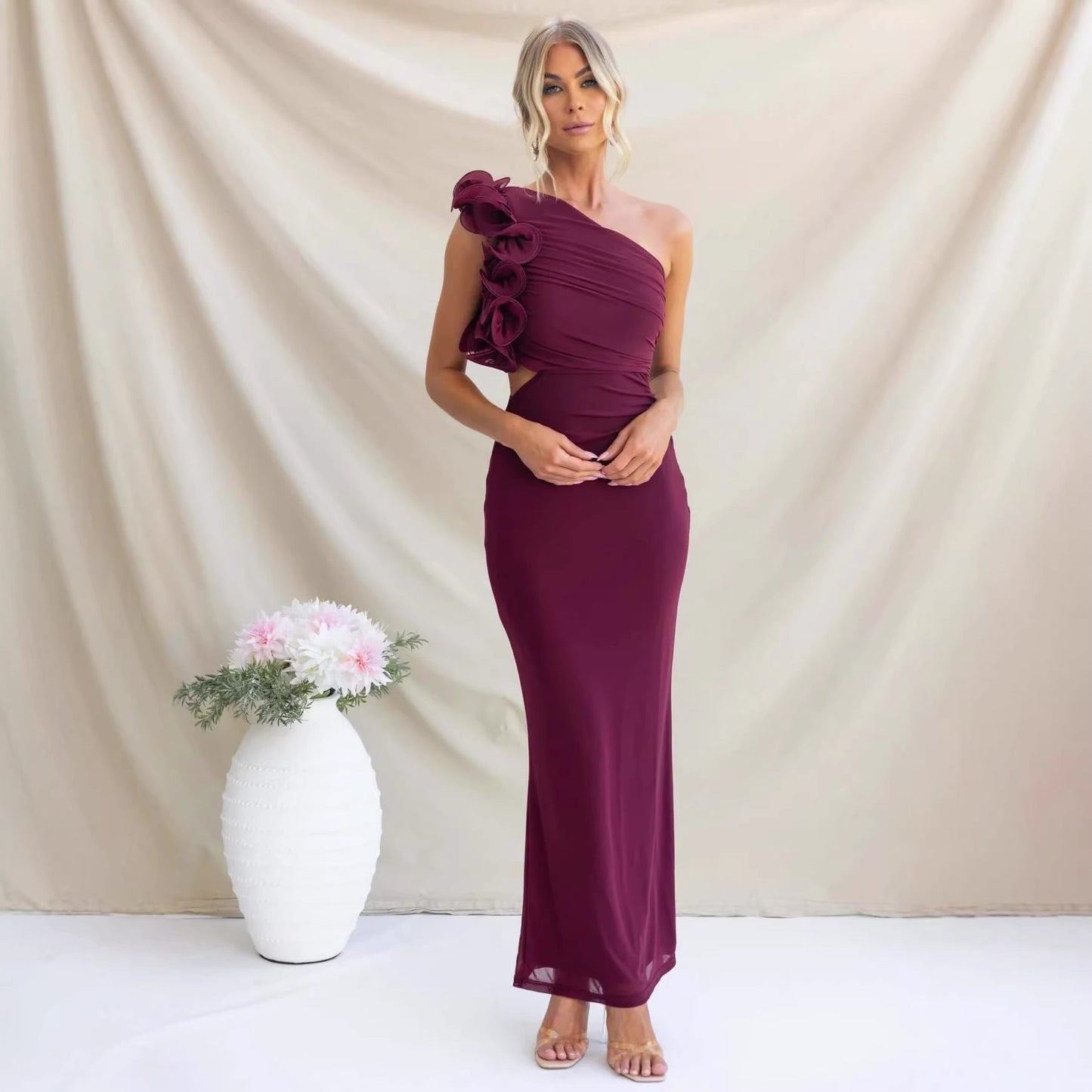 Wedding Guest One-Shoulder Maxi Dress with Ruffles for Women