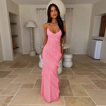 Wedding Guest Maxi Dress with V-Neck and Ruffle Detail for Women