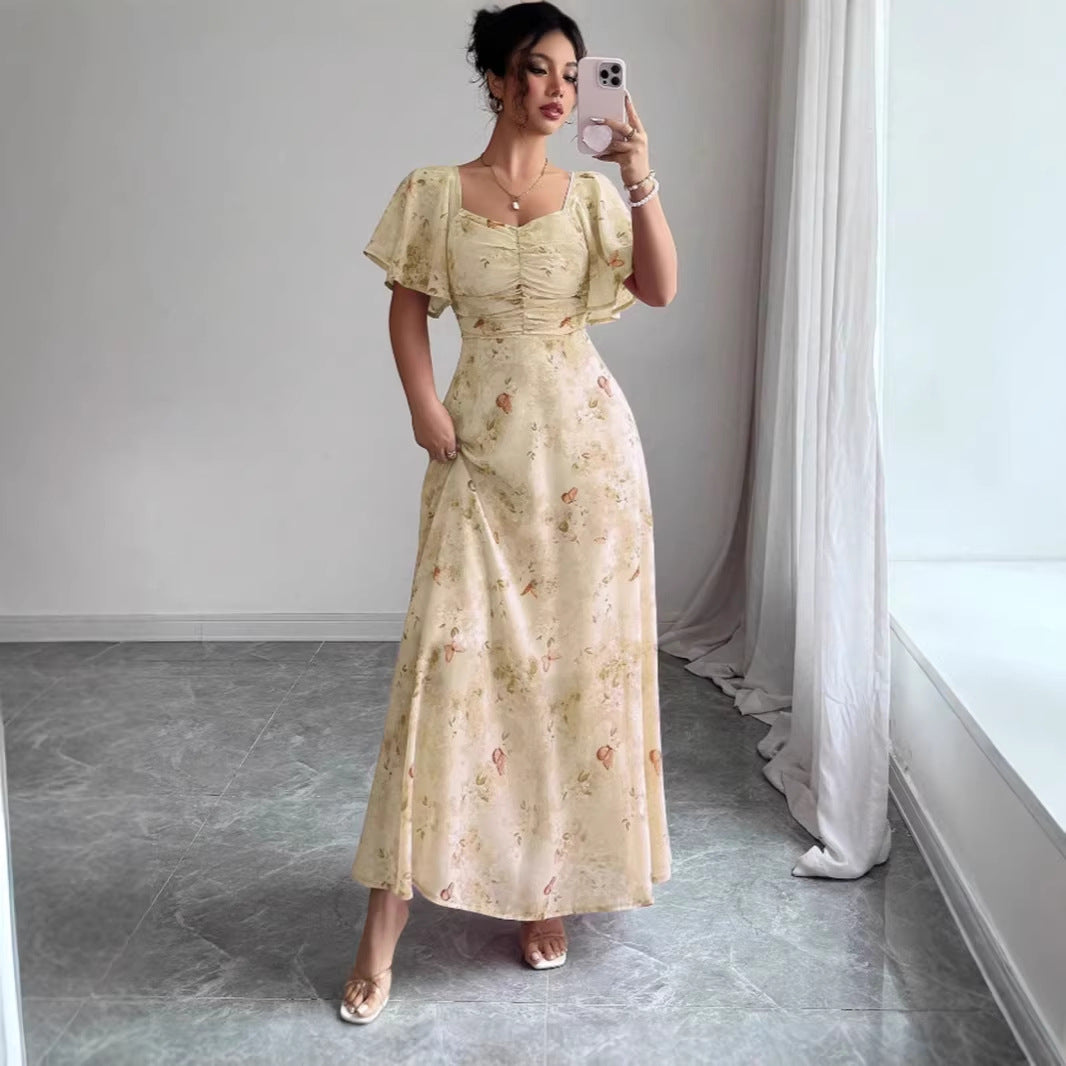 Floral Wedding Guest Maxi Dress with Short Sleeves for Women
