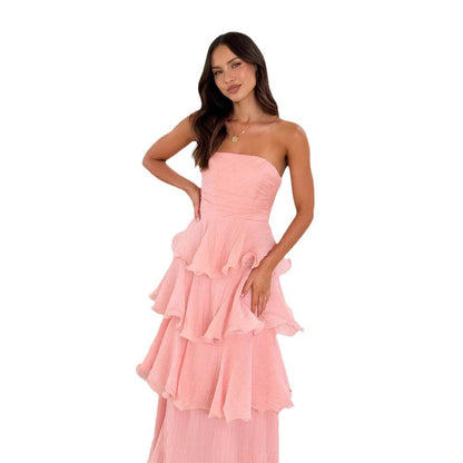 Wedding Guest Strapless Tiered Maxi Dress with Ruffles for Women