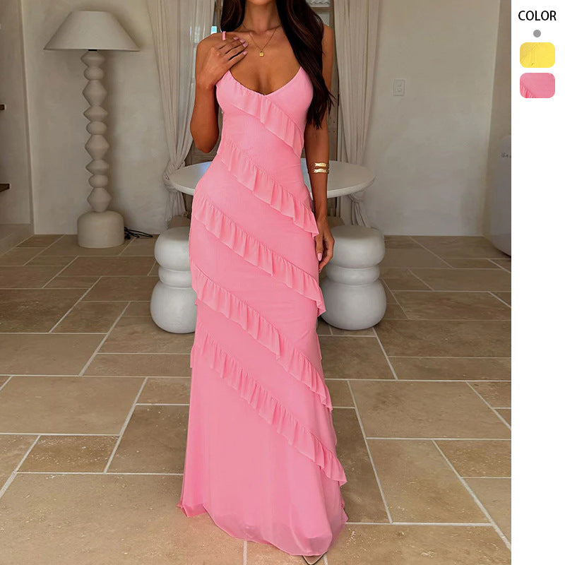 Wedding Guest Maxi Dress with V-Neck and Ruffle Detail for Women