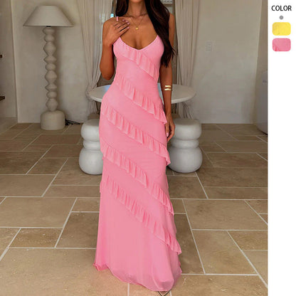 Wedding Guest Maxi Dress with V-Neck and Ruffle Detail for Women