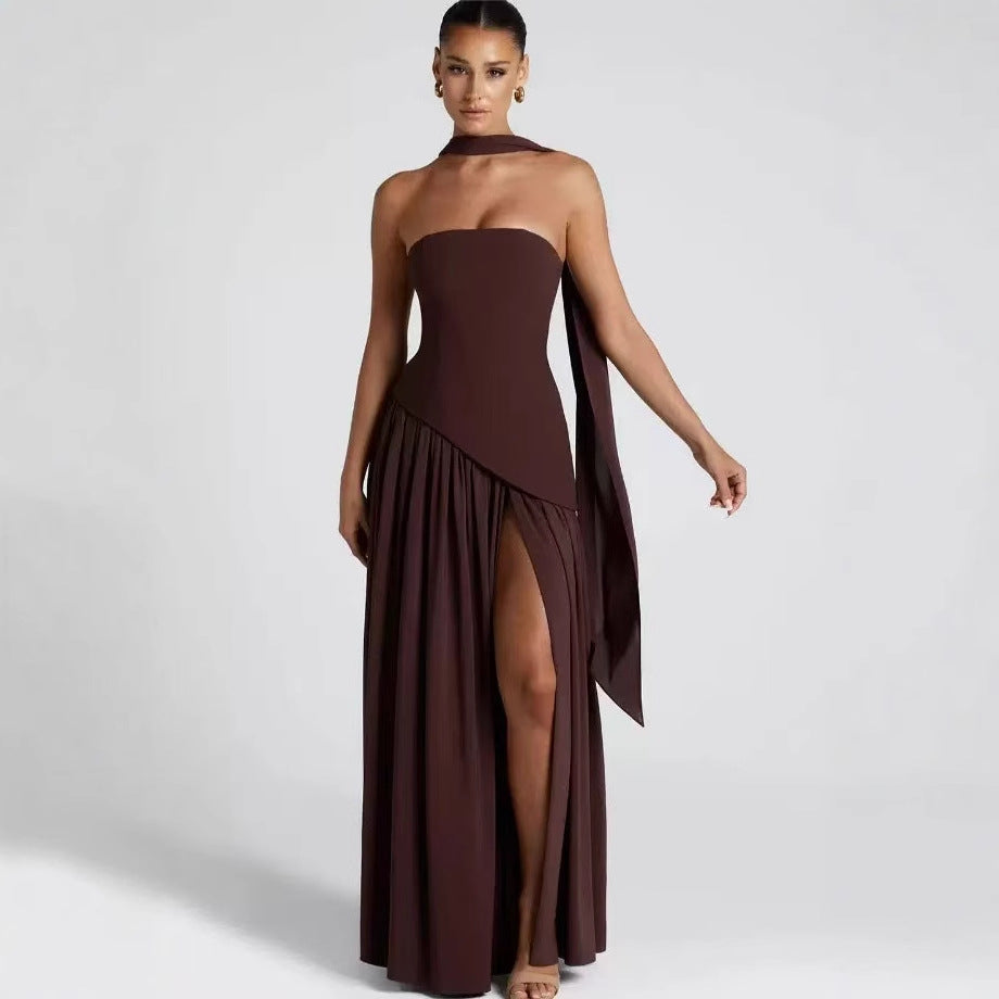 Wedding Guest Strapless Maxi Dress with Leg Split for Women