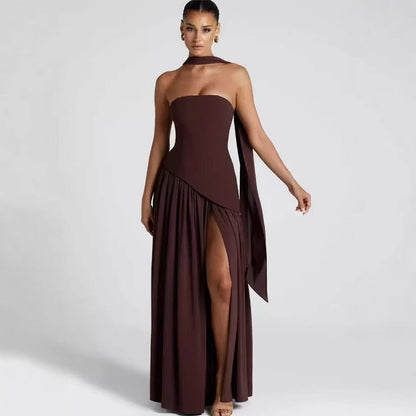 Wedding Guest Strapless Maxi Dress with Leg Split for Women