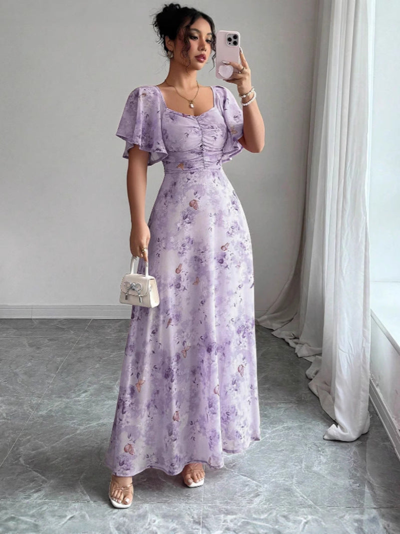 Floral Wedding Guest Maxi Dress with Short Sleeves for Women
