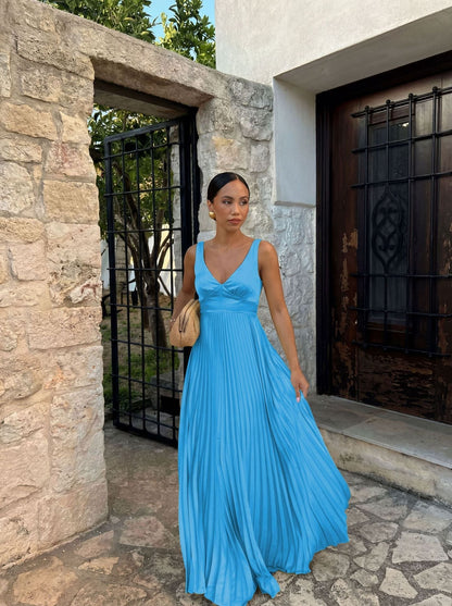 Wedding Guest Pleated Maxi Dress with V-Neck for Women