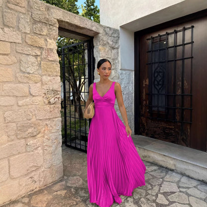 Wedding Guest Pleated Maxi Dress with V-Neck for Women