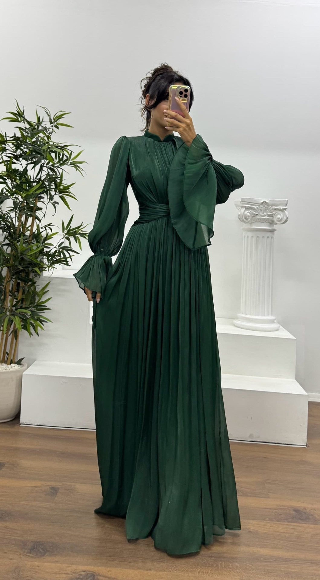 Wedding Guest Pleated Maxi Dress with Long Sleeves for Women