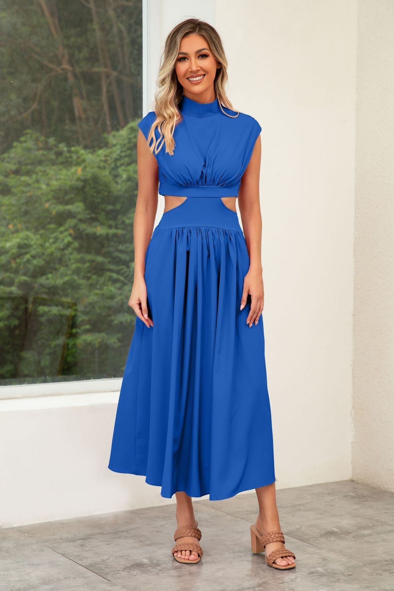 Wedding Guest Cut-Out Maxi Dress with Stand Collar for Women