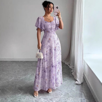Floral Wedding Guest Maxi Dress with Short Sleeves for Women