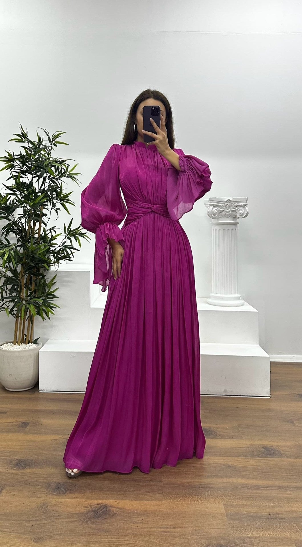 Wedding Guest Pleated Maxi Dress with Long Sleeves for Women